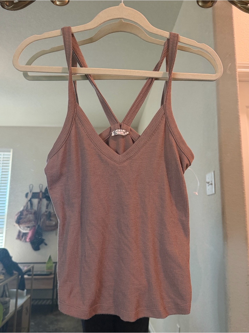 Free People Ribbed V-Neck Tank Top - Mauve Brown